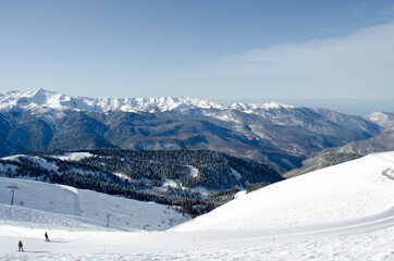 Obraz premium View from the top of the Caucasus mountains in the ski resort Rosa Khutor Russia
