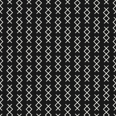 Vector abstract geometric pattern with small linear shapes, rhombuses, crosses. Stylish minimal black and white geo texture. Modern monochrome background. Dark repeat design for decor, print, wrap