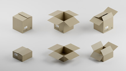 Set of Cardboard Boxes For Package, Shipping and Delivery, With Signs and Labels, Opened and Closed Versions, White Background, Isometric Perspective, 3D Illustration