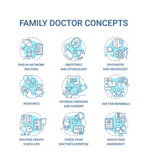 Family doctor blue concept icons set. In-network physician. Ask for referrals. Professional medical service idea thin line RGB color illustrations. Vector isolated outline drawings. Editable stroke