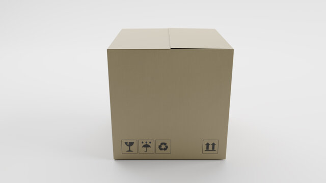 Single Cardboard Box For Package, Shipping and Delivery, With Signs and Label, White Background, Front View, 3D Illustration