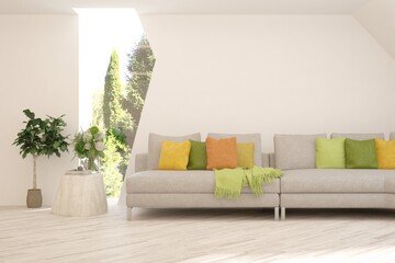 White living room with sofa and summer landscape in window. Scandinavian interior design. 3D illustration