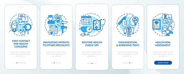 Fototapeta na wymiar Family doctor tasks blue onboarding mobile app page screen with concepts. Healthcare walkthrough 5 steps graphic instructions. UI, UX, GUI vector template with linear color illustrations