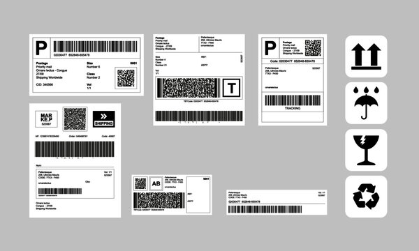 Barcode Label Delivery Template + Set of Cargo Icons, Fragile, Recycle, Stickers