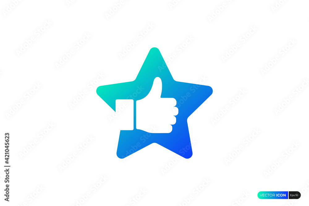 Poster hand thumb up icon. blue gradient rounded star with negative space hand thumb inside isolated on whi