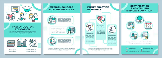 Family doctor education brochure template. Medical schools. Flyer, booklet, leaflet print, cover design with linear icons. Vector layouts for presentation, annual reports, advertisement pages