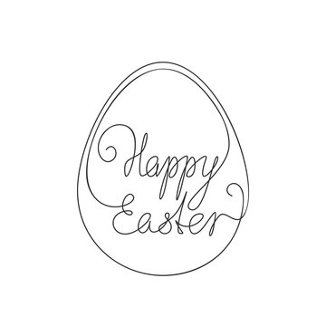 Happy Easter calligraphy line art lettering in egg shape frame, Continuous one line drawing, Handwritten inscription made of line, Vector minimalist illustration, Design element for Easter holidays