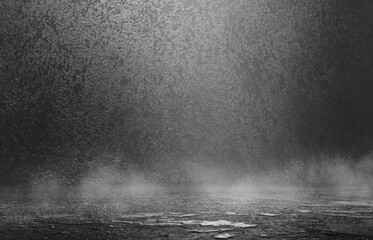 Dark empty background of old wall and concrete floor. Empty stage background, smoke, fog, smog. 3d illustration