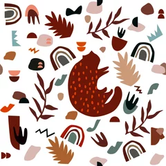 Gordijnen Abstract creative pattern. Modern art background. Modern graphic design. Pattern with abstraction elements, leaves, cat and natural shapes. © Alona