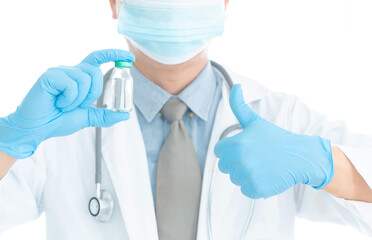 Close up vaccines fight against virus, doctor or scientist in laboratory holding a syringe with liquid vaccines. Concept : diseases,