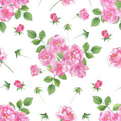 Floral seamless pattern. A bouquet of pink roses with green leaves on a white background. It can be used to create fabrics, wallpaper, and paper. Watercolour.