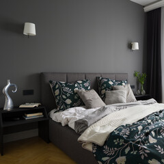 Elegant and stylish bedroom in gray