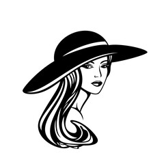 elegant woman with longgorgeous hair wearing wide brimmed hat - glamour and beauty concept vector portrait