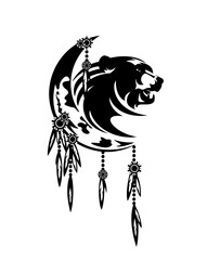 grizzly bear head and crescent moon - tribal style feathered dream catcher black and white vector design