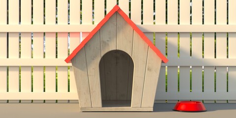 Dog house at home backyard, wooden fence background. 3d illustration