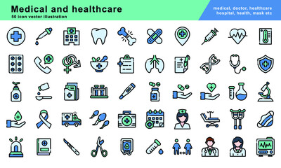 50 Medical and healthcare Elements of a modern filled outline, Simple symbol collection, vector icon illustration