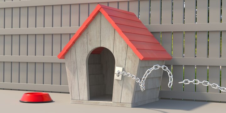 Dog Escape, Doghouse Empty, Chain Broken, Wooden Fence Background. 3d Illustration