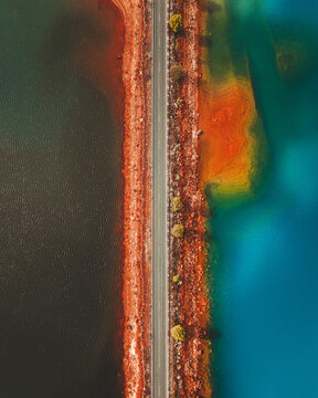 Aerial view of road passing through Minas de Rio Tinto in Spain.