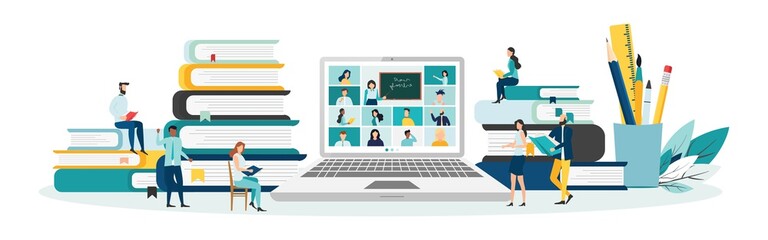 Home education concept. People study at home using a computer. Remote working. Video conference on laptop computer. Work from home and work from anywhere conceptVector illustration