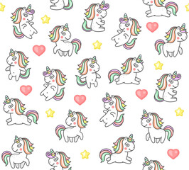 Cute Unicorns and Hearts Seamless Pattern on White Background. Vector
