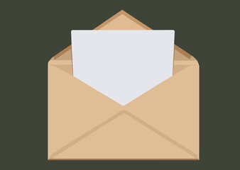 Blank ocher kraft envelope with white blank blank paper on a dark green background (khaki). Copy space, mock up for text or logo.
