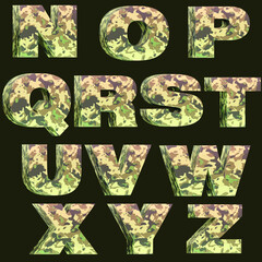 Military alphabet font. Army stencil lettering with camouflage background vector