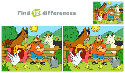 Funny farmer and his animals. A country man with a cow, a horse, a goose, chickens and a cat.  Find 12 differences. Educational game for children. Cartoon vector illustration.