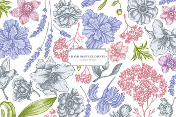 Floral design with pastel anemone, lavender, rosemary everlasting, phalaenopsis, lily, iris