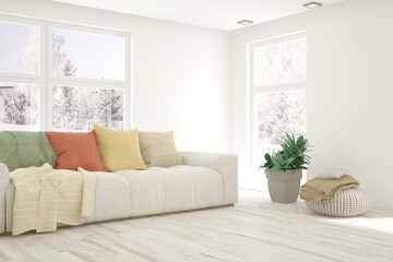 White living room with sofa and winter landscape in window. Scandinavian interior design. 3D illustration
