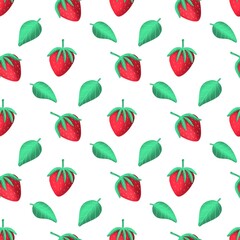 red Strawberry seamless pattern. Red berry. Texture for fabric, wrapping, wallpaper. Food print for kitchen tablecloth, curtain or dishcloth. Hand drawn doodle wallpaper. Strawberry background