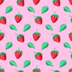 red Strawberry seamless pattern. Red berry. Texture for fabric, wrapping, wallpaper. Food print for kitchen tablecloth, curtain or dishcloth. Hand drawn doodle wallpaper. Strawberry background