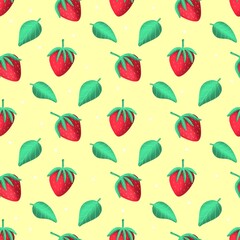 red Strawberry seamless pattern. Red berry. Texture for fabric, wrapping, wallpaper. Food print for kitchen tablecloth, curtain or dishcloth. Hand drawn doodle wallpaper. Strawberry background