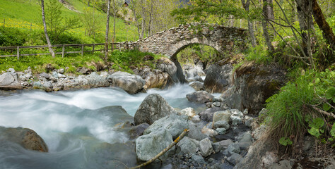 Mountain stream in the summer. Torrent and bridge in the Ecrins National Park. Oulles du Diable, Valgaudemar, Hautes Alpes, French Alps, France