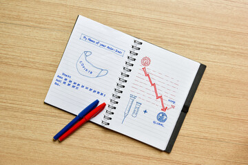 The memo of covid 19 years on wooden floor with pens