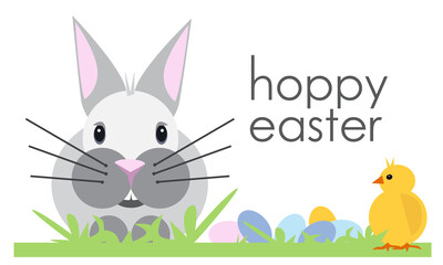Hoppy Easter bunny with eggs and chick