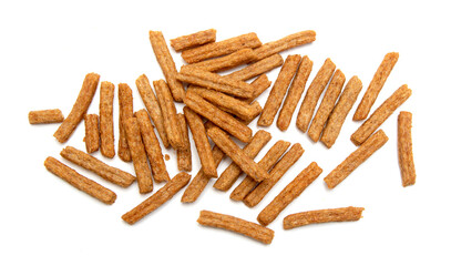 long sticks of bread croutons on a white background