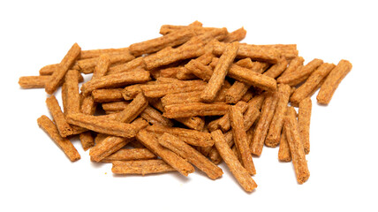 long sticks of bread croutons on a white background