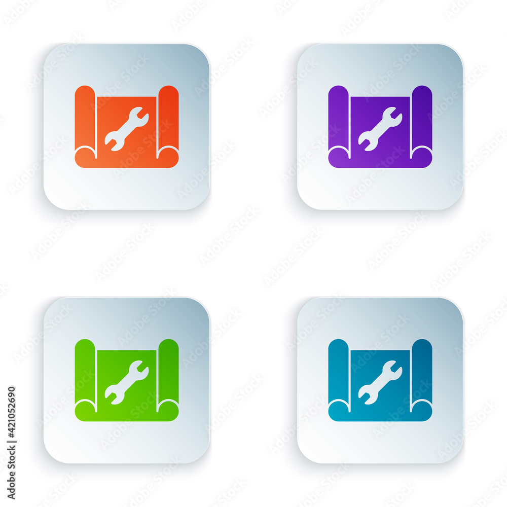 Poster color graphing paper for engineering and wrench icon isolated on white background. set colorful icon