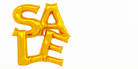 3d render of Gold sale balloons, Sale made of gold inflatable balloons isolated on white background.
