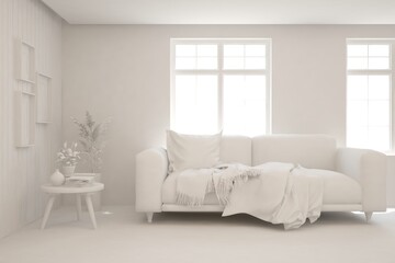 Fototapeta na wymiar White minimalist living room with sofa. Scandinavian interior design. 3D illustration