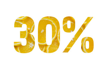 Summer or spring sales.30 percent discount on promotion on white banner.Advertising with Numbers on paper,cut out of bright orange slices for your holiday posters,banners offers percentage discounts
