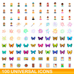 100 universal icons set. Cartoon illustration of 100 universal icons vector set isolated on white background