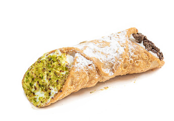 Cannoli isolated on white background. Sweet Pistachio Canolli close-up. Italian cusine