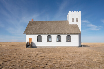 Exterior of historic church in the hamlet of Retlaw, Alberta, Canada
