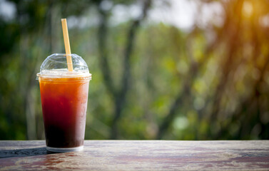 Americano no sugar, honey with black coffee, fresh, how to make you happy on wooden table isolated on nature background.