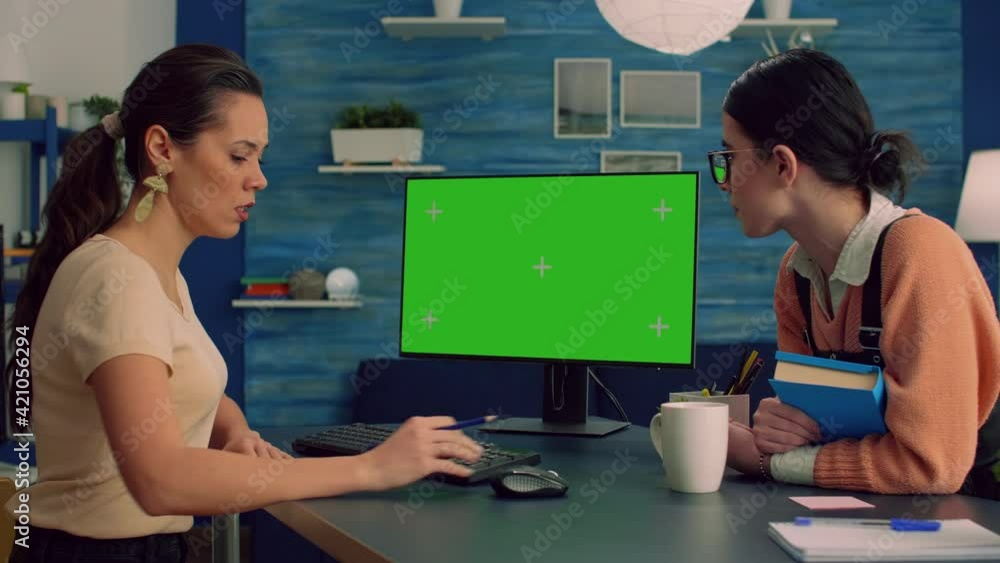 Poster teammates browsing on internet for commerce advertising using powerful computer with mock up green s