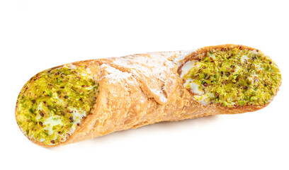 Cannoli isolated on white background. Sweet Pistachio Canolli close-up. Italian cusine