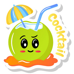 
A flat coconut with straw, tropical drink sticker

