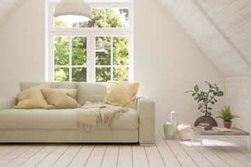 Minimalist living room in white color with sofa and summer landscape in window. Scandinavian interior design. 3D illustration