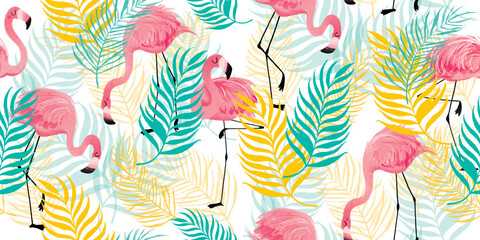 Seamless repeat pattern, tropical pink flamingos